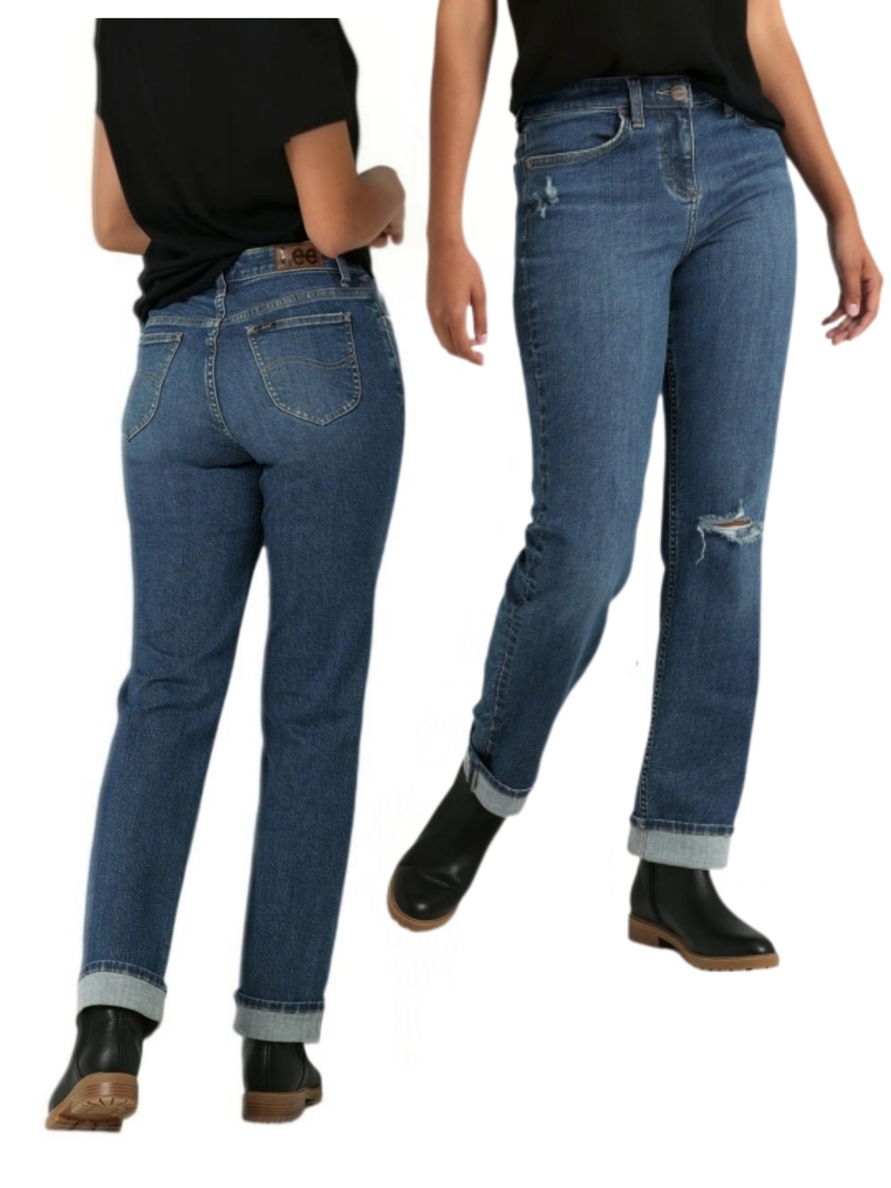 Boyfriend Cuffed Jeans Mid-Rise Curvy Fit Stretch Medium Wash Distressed Size 4